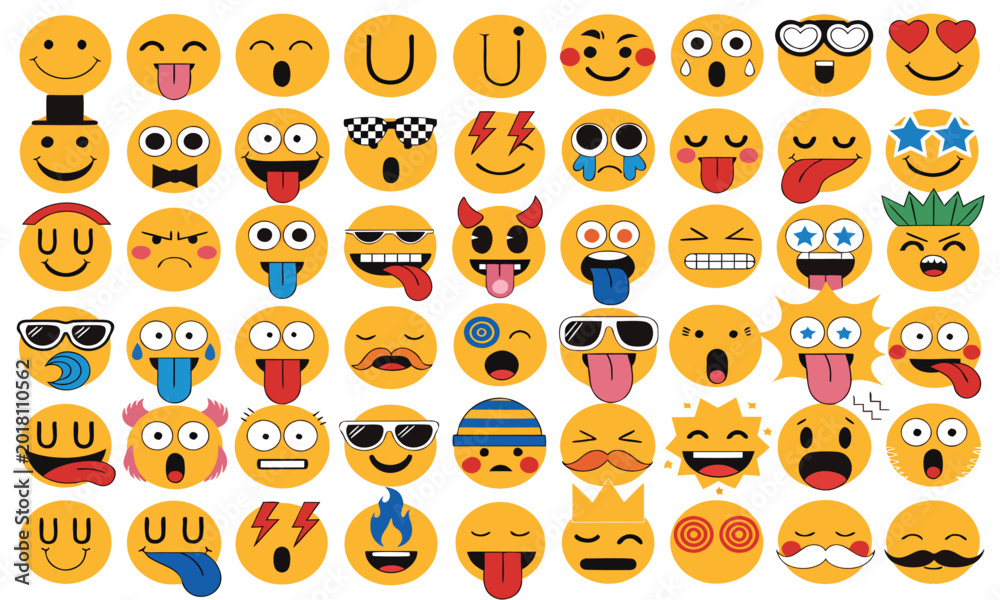 Fototapeta premium Emoji Face Icons Set with Diverse Expressions in Bright Colors, Including Smiling, Winking, Laughing, Angry, Sad, and Surprised Faces on a Patterned
