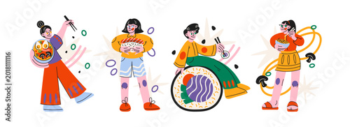 Tableau sur toile Asian food characters eating sushi ramen in retro cartoon style