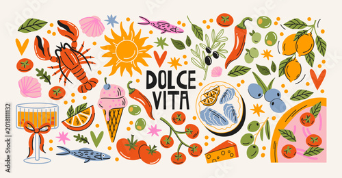 Canvastavla Italian food and culture stickers set in retro cartoon style