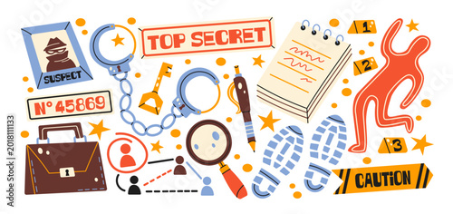 Tableau sur toile Crime investigation elements in retro cartoon style