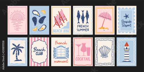 Foto French riviera summer posters collection in retro cartoon style