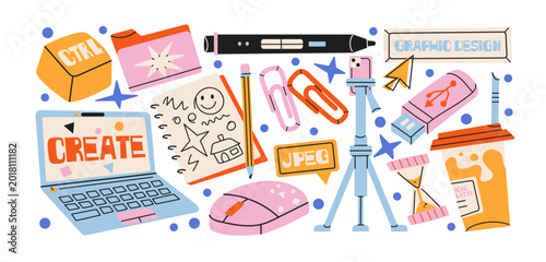 Tableau sur toile Graphic design creator stickers with digital tools in retro cartoon style