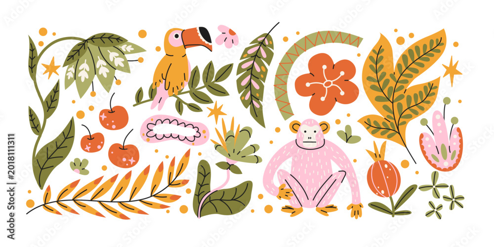 Fototapeta premium Tropical jungle stickers with exotic plants and animals in retro cartoon style. Exotic icons: monkey, parrot, tropical leaves, flowers, rainforest elements, wild nature collection
