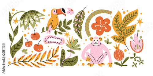 Canvas Print Tropical jungle stickers with exotic plants and animals in retro cartoon style