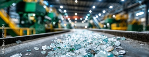 Glass pieces on conveyor belt in recycling facility with machinery  