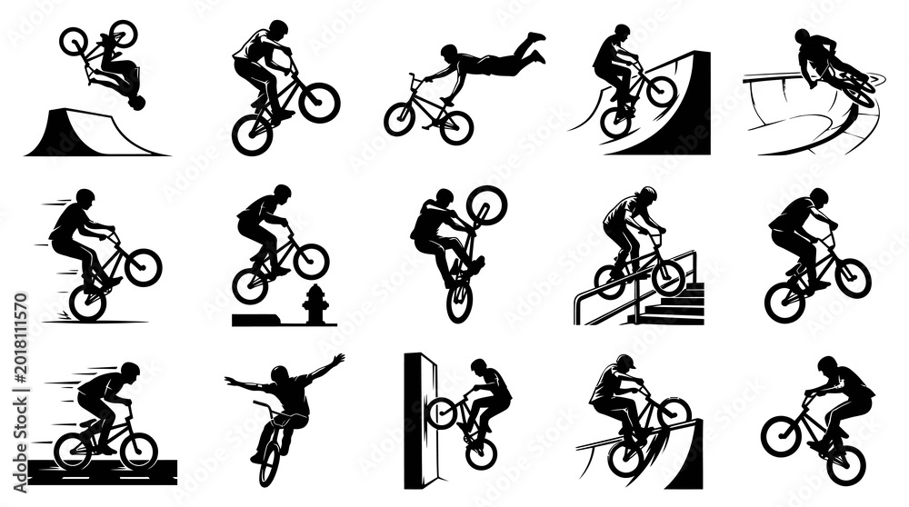 Obraz premium BMX Biking Extreme Sports Silhouettes Vector Icons Set. Black and White Graphic of Bikers Performing Stunts and Tricks.
