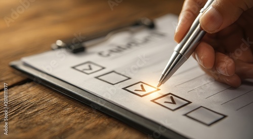 Hand Checking Off Items on a Checklist with a Pen.