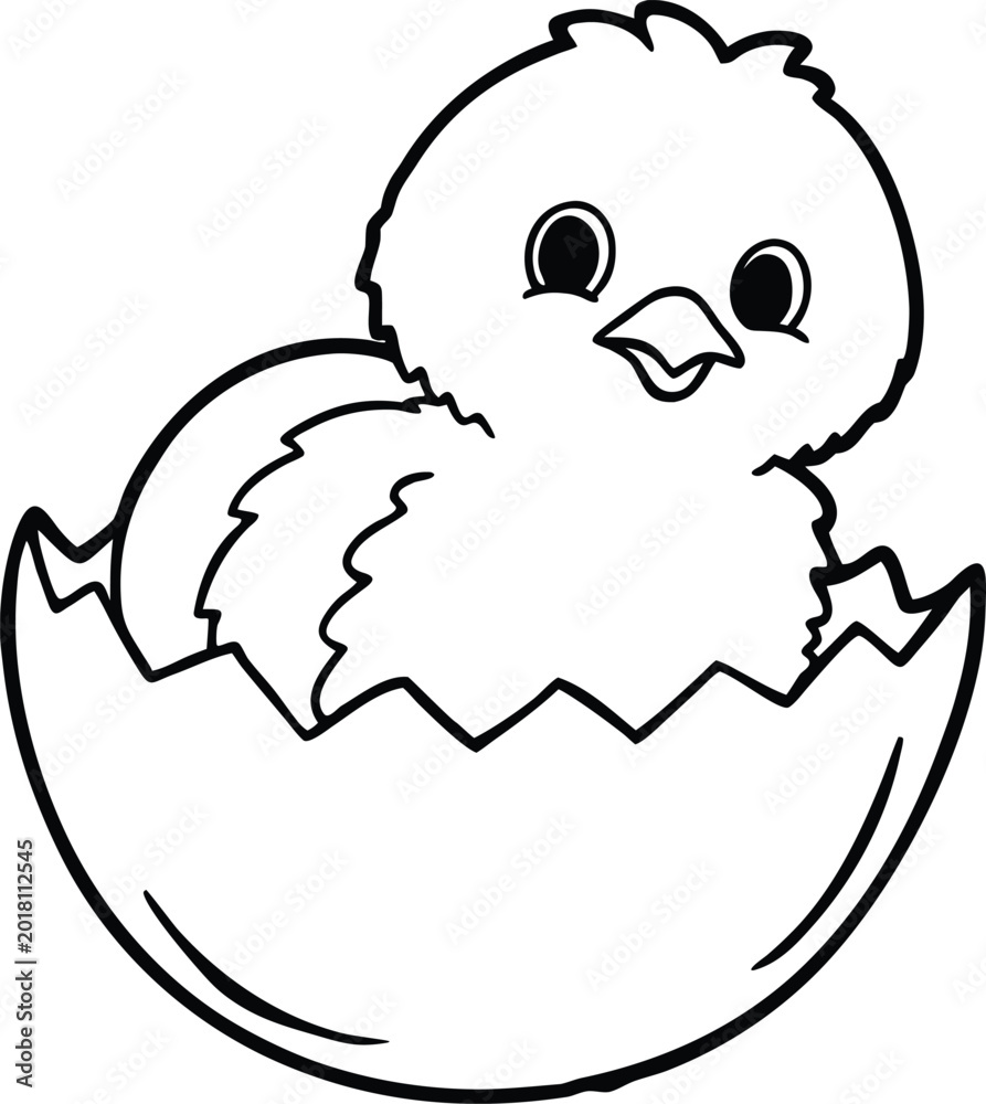 Obraz premium Cute baby chick hatching from an egg, line art illustration