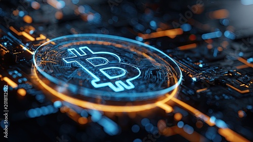 Digital Bitcoin Cryptocurrency Symbol Glowing on Futuristic Circuit Board Technology Background.