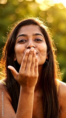 Beautiful Young Indian Woman Blowing a Kiss Outdoors at Sunset. Vertical video