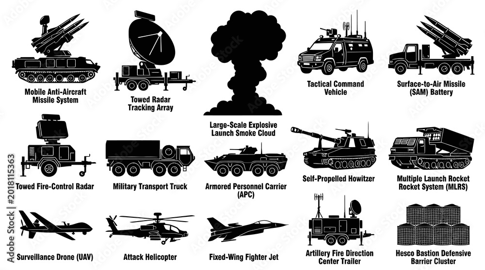 Fototapeta premium Military Army Defense Weapons, Vehicles, Equipment Black White Vector Silhouette Icons Set