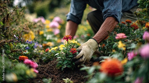 Gardener planting colorful flowers in a vibrant garden bed.