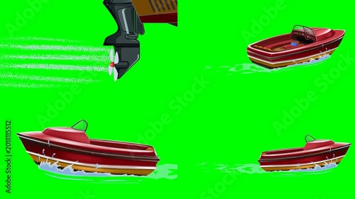 Fast red motorboats driving over ocean water waves from different angles 2d animated cartoon on green screen chroma key background. high quality loop cycle vector illustration animation