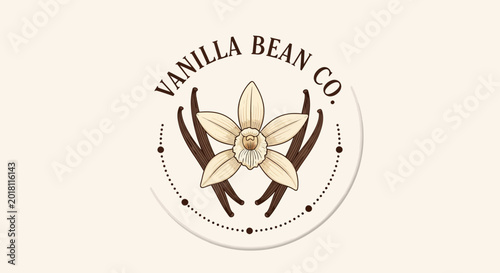 Vanilla flower and pods illustration on cream background for branding