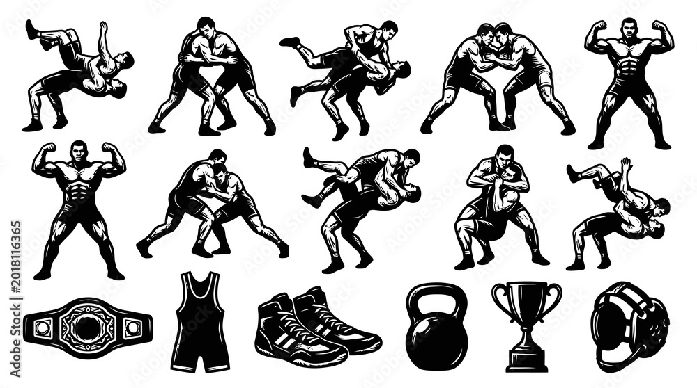 Fototapeta premium Black and White Wrestling Icons: Athletes, Gear, and Trophies