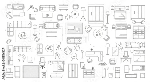 Collection of Architectural Furniture and Interior Design Floor Plan Symbols.