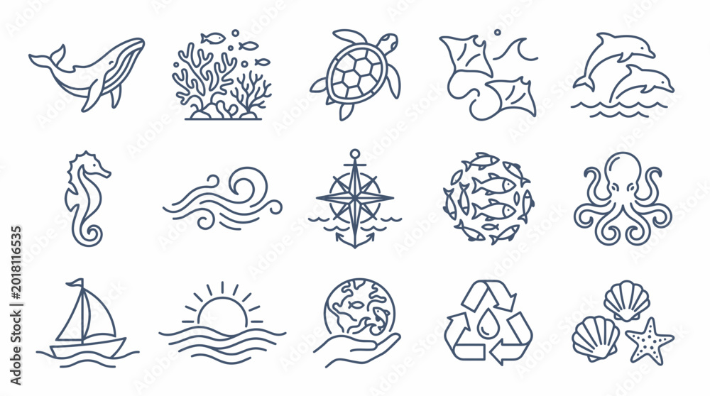 Obraz premium Ocean Life Icons: Whale, Turtle, Dolphin, Seahorse, Octopus, Marine Animals, Nautical, Nature