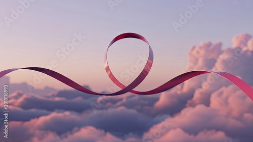 A red ribbon forming a loop floating above a sea of soft clouds at sunset.