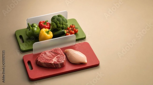 Raw meat and fresh vegetables separated on cutting boards, promoting cross-contamination prevention in kitchens