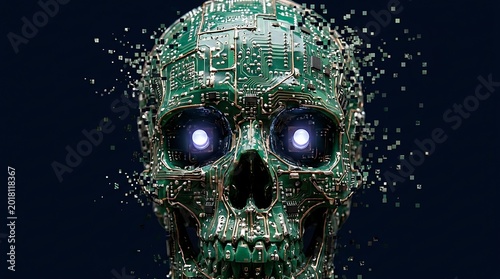 Cybernetic skull made of circuit boards and glowing blue eyes with cybernetic technology computer