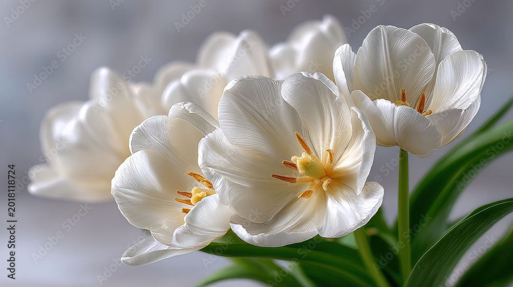 Fototapeta premium Closeup white tulip bouquet with soft petals and green leaves for spring floral wallpaper and wedding background design