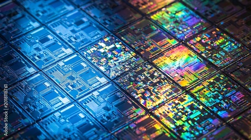 Close-up of silicon wafer with colorful light refractions, intricate circuitry patterns visible, high tech
