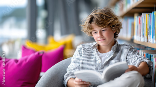 Young student reading a book in school library lounge chair for education background and reading corner design