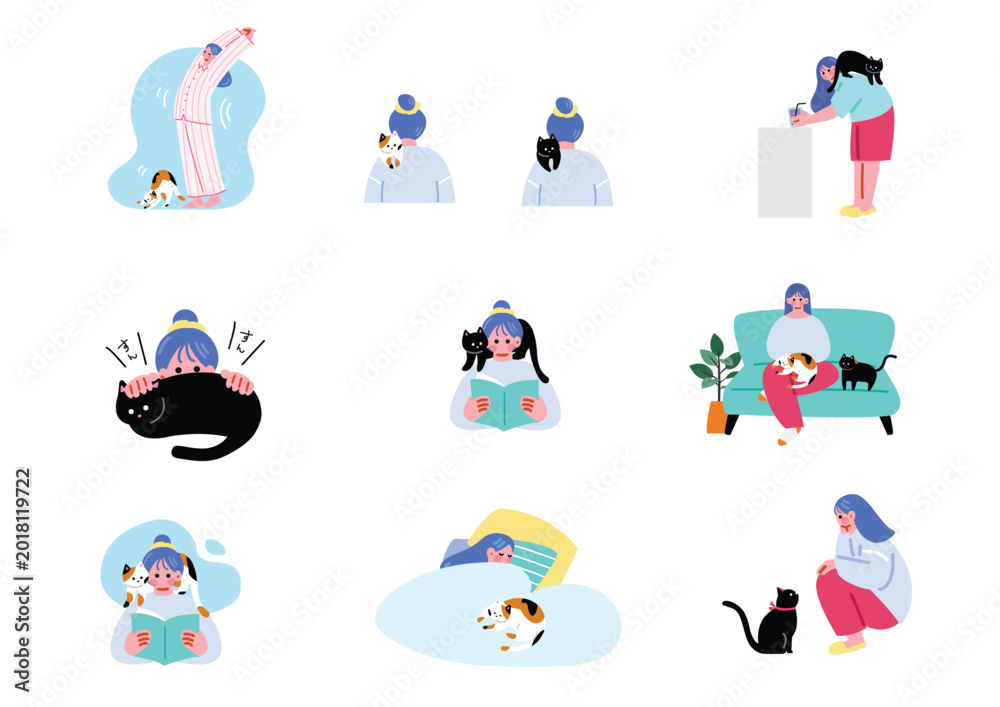 Fototapeta premium 猫と暮らす女性のイラストセット