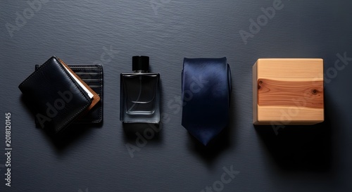 Men's fashion accessories flat lay on dark textured background