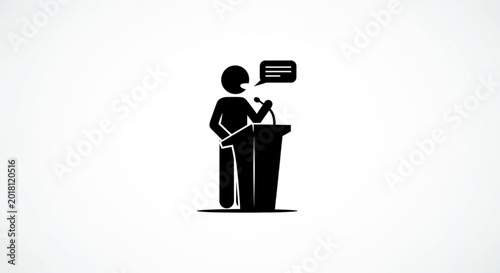 Photos Speaker at Podium with Speech Bubble — Black Silhouette Icon Vector Concept