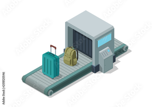 Isometric an airport security baggage X-ray scanner with luggage on conveyor belt