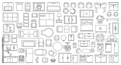 Collection of Architectural Floor Plan Symbols for Furniture and Fixtures.