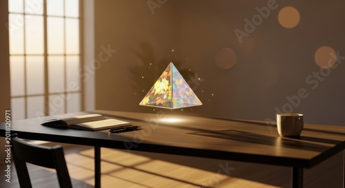 Glowing holographic pyramid floating above dark wooden desk in sunny room, for advanced futuristic technology, digital innovation, artificial intelligence creative vision