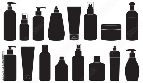 Foto Assorted black silhouette cosmetic containers icon set, skincare beauty products