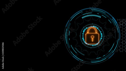 Quantum cryptography security technology lock creating hexagon wire animation and change blue color to red to protect data information on the black screen