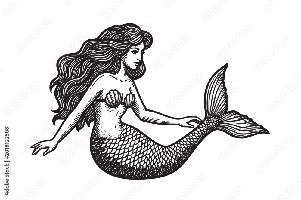 Obraz premium Beautiful mermaid engraving illustration. Vintage retro engraving illustration. Black icon, isolated element