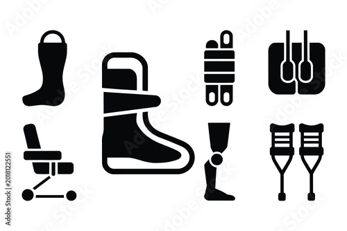 Set of orthopedic footwear and accessories on white background