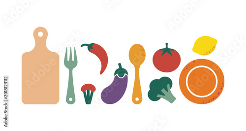 Flat vector illustration of fresh vegetables and kitchen utensils on wooden cutting board