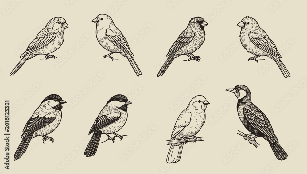 Naklejka premium Set birds, great tit, goldfinch, robin, bullfinch, realistic sketch, hand drawn vector