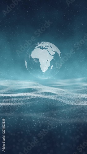 Earth planet loop rotation on artistic blue seascape vertical background with waves.