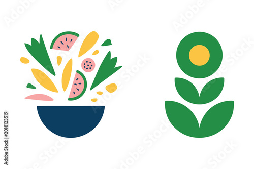 Fresh fruit and vegetables illustration with bowl and sprouting plant