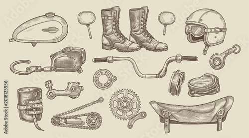 Quadro su tela A detailed sketch of various motorcycle parts laid out on a beige background with a vintage feel, including boots helmet chains gears belts and a seat