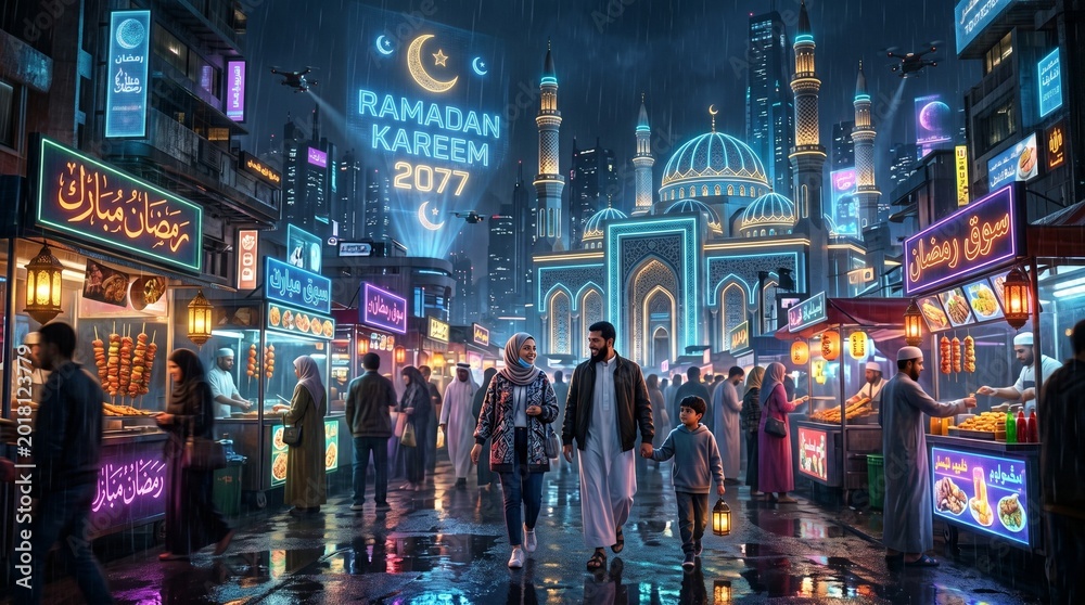 Fototapeta premium Ramadan Kareem City Nighttime Street Scene.