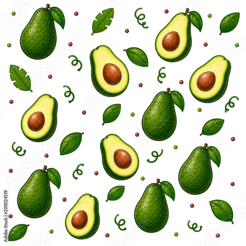 Seamless pattern of fresh whole and halved avocados with seeds and green leaves on a white background. Organic healthy food illustration for textile and wallpaper.