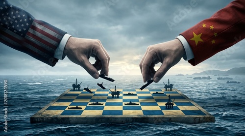 Geopolitical strategy chess game on water.