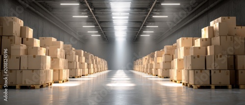 logistics/warehouse concept without people, neat stacks of cardboard boxes, pallets, Warehouse aisle with stacked cardboard boxes