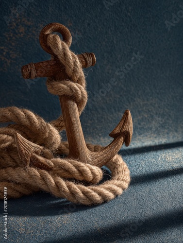 nautical rope and anchor still life (no branding), clean studio background, soft shadows, Nautical rope knot with metal hook on dark background