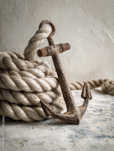 nautical rope and anchor still life (no branding), clean studio background, soft shadows, Nautical rope knot with metal hook on dark background
