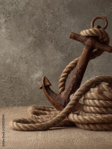 nautical rope and anchor still life (no branding), clean studio background, soft shadows, Nautical rope knot with metal hook on dark background