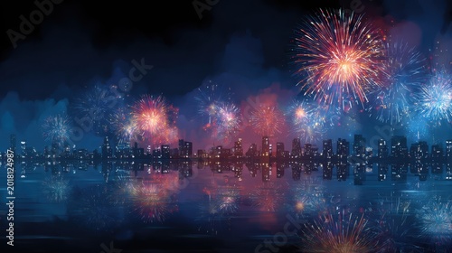 night fireworks background, red, white, and blue fireworks bursts over water reflection, clean skyline silhouette, Colorful Fireworks Over City Skyline at Night